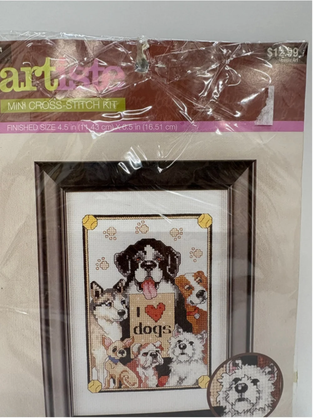Artiste Mini Cross Stitch Kit I Love Dogs Beige Brown